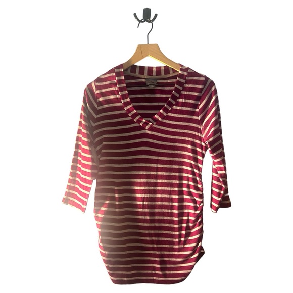 Oh! MAMA Maternity Top Striped V‎ Neck 3/4 Sleeve Ruched Sides Medium - Picture 1 of 13